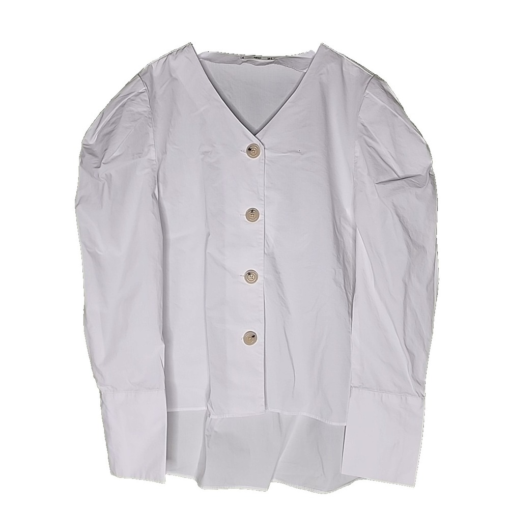 MNG Mango Top S White‎ Button V-Neck Long Sleeve Puff Sleeve Hi-Lo Hem Boho Boxy